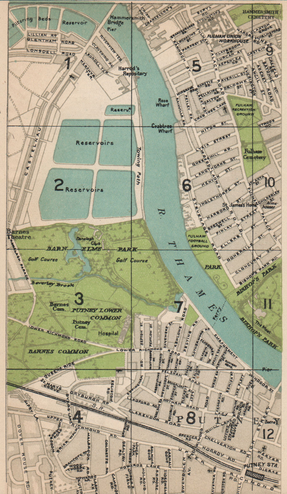 LONDON SW. Putney Barn Elms Fulham Castelnau Barnes Common 1927 old map